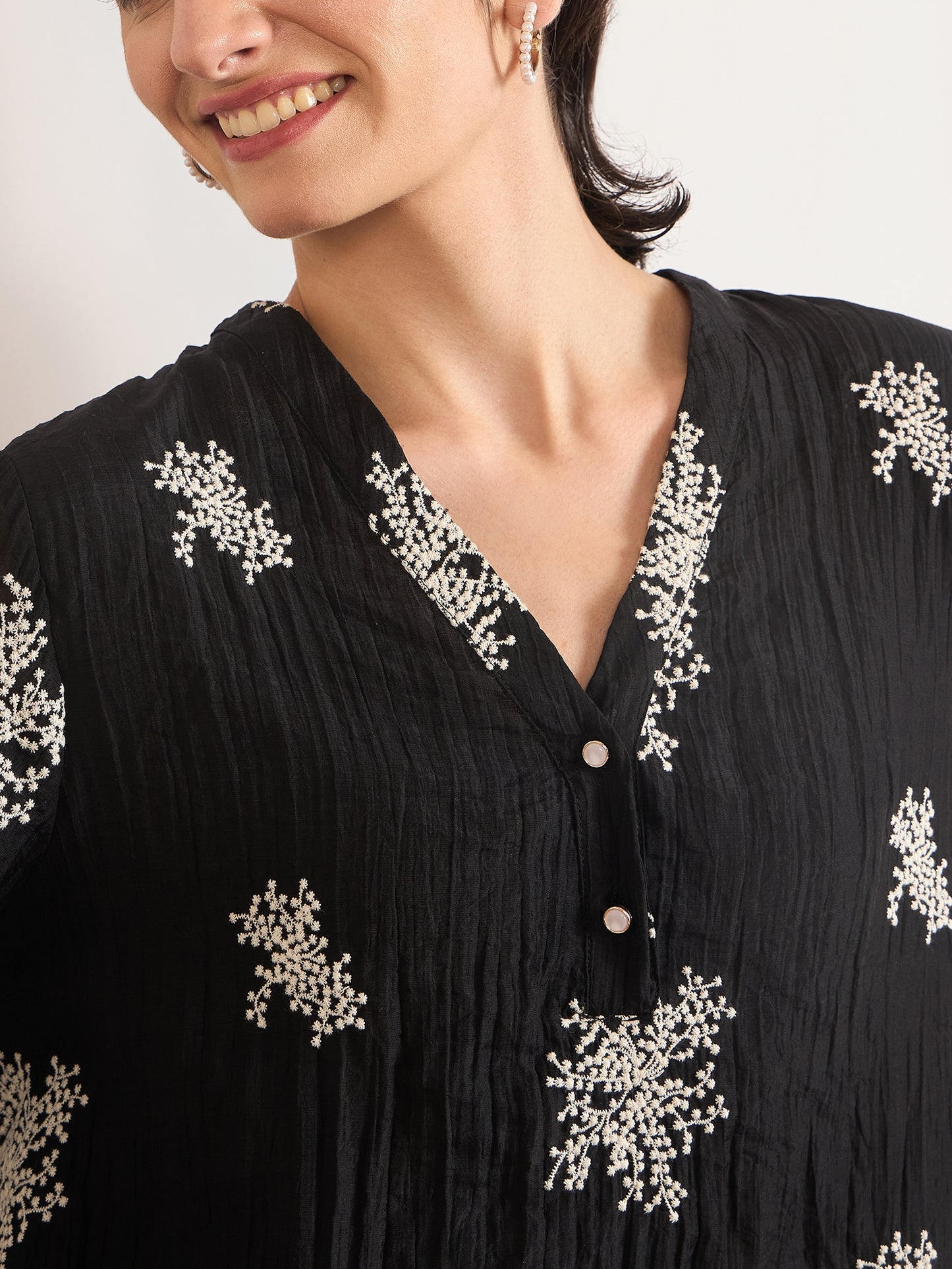 Black & White Nylon Viscose Self Embroidery Tunic