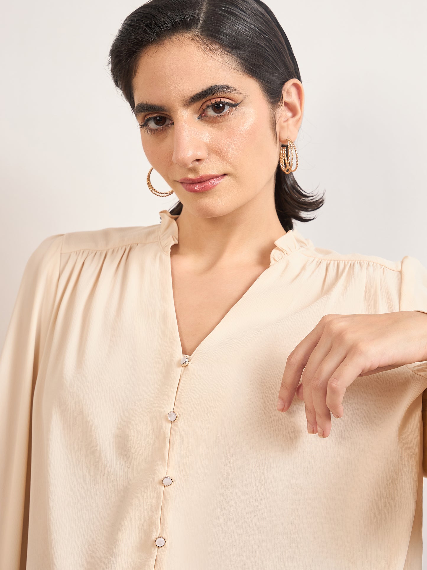 Beige Nylon Viscose Cuffed Sleeves Tunic