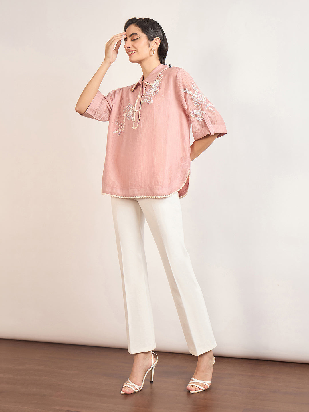 Pink Nylon Visoce Embroidery Tunic