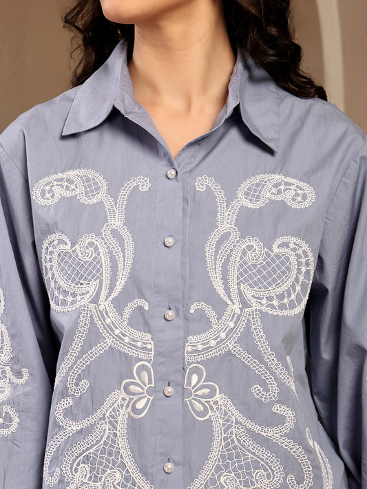 Gipsy Blue Embroidery Cotton Shirt