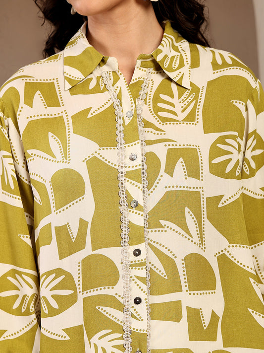 Gipsy Lime Green Printed Rayon Shirt
