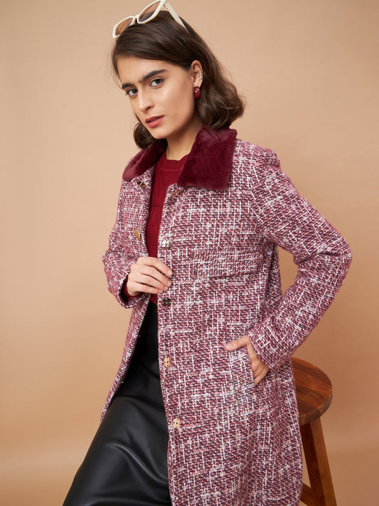 Gipsy Women Flat Collar Straight Full Sleeve Vibgyor Knit Milange Fabric Maroon Coat