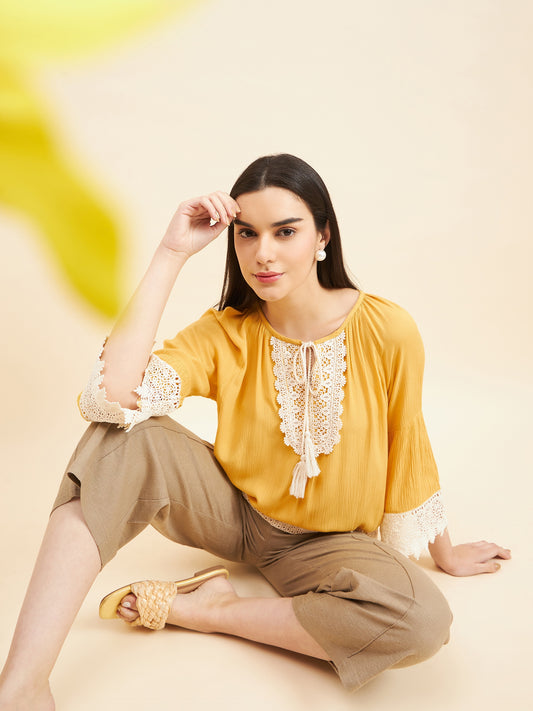 Gipsy Women Solid Lace Rayon Mustard Tunic