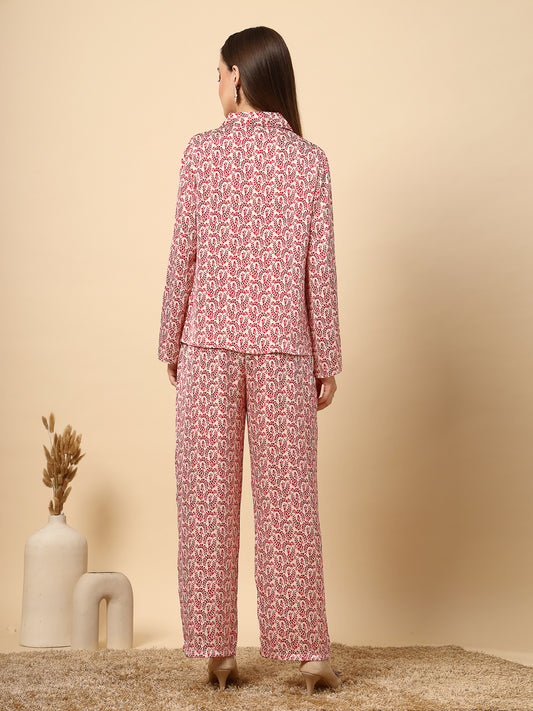 Red Co-Ord Set with Printed Fabric and Fancy Button