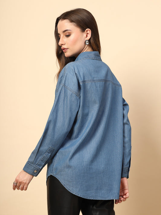 Steel Blue Denim Shirt with Mirror Work and Embellished Front