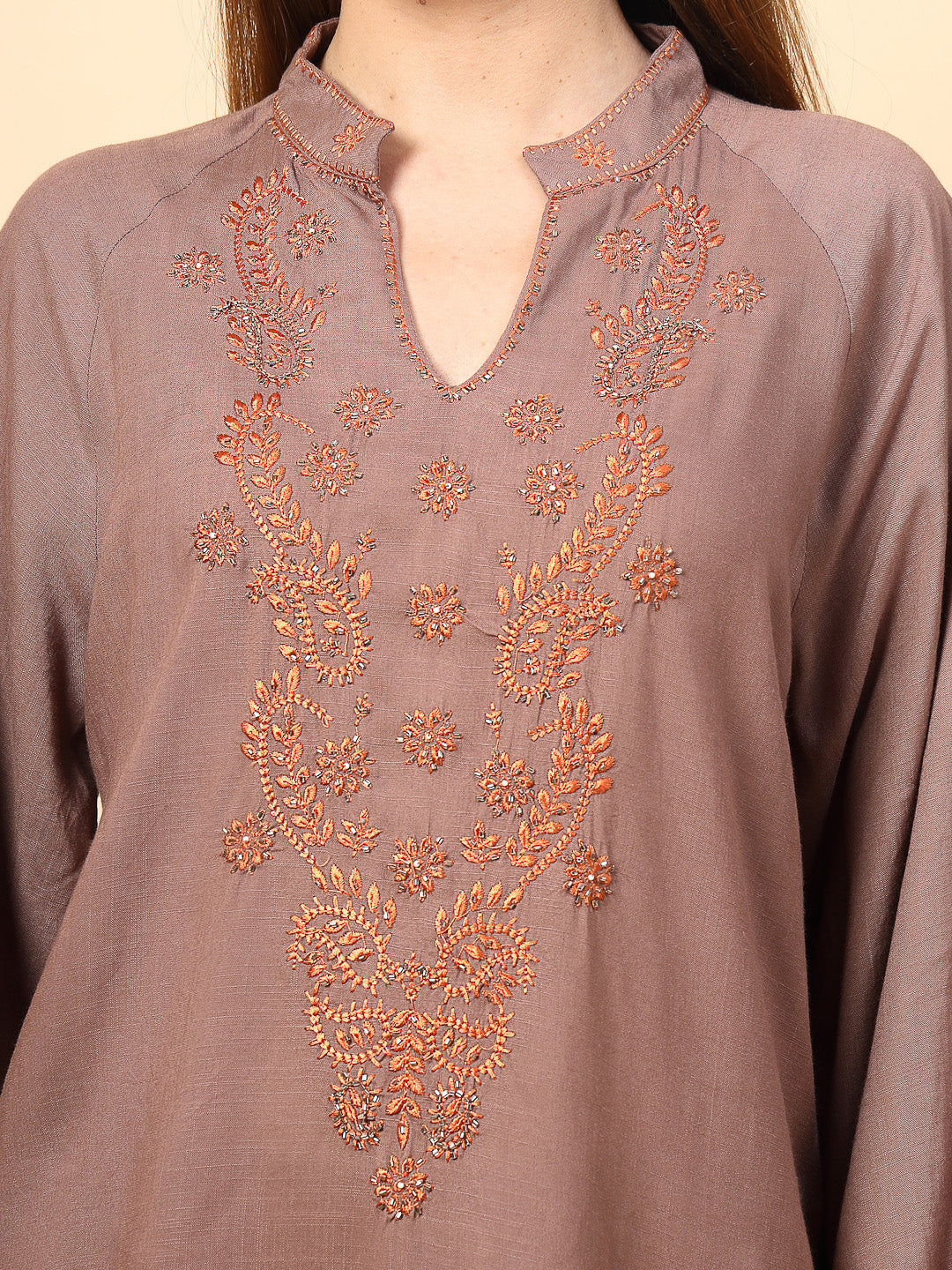 Khaki Rayon Tunic with Embroidery, Embellished Front