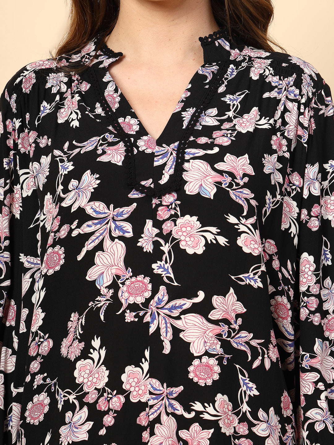 Black Tunic with Front Smoking and Lace Attachment