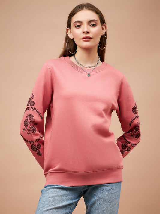 Gipsy Women Round Neck Straight Full Sleeve Cotton/Poly Fabric Dusky Pink Sweatshirt
