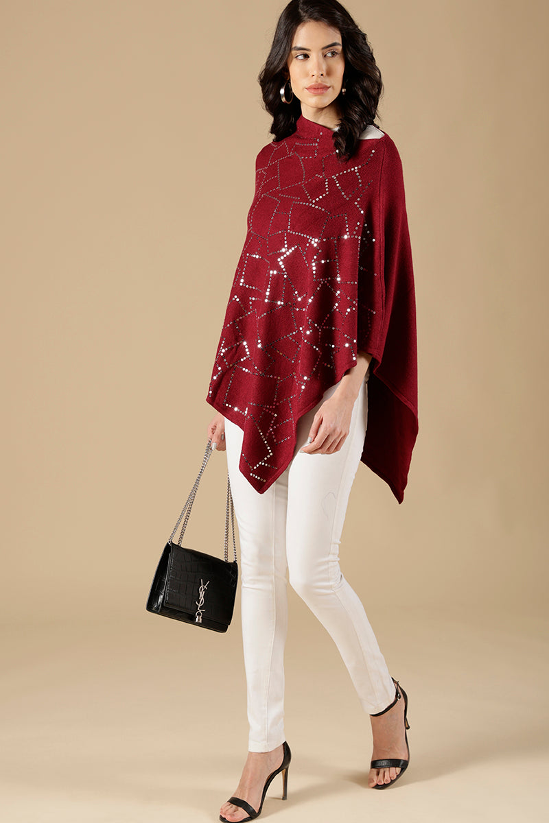 Wine Regular Fit Acrylic Poncho