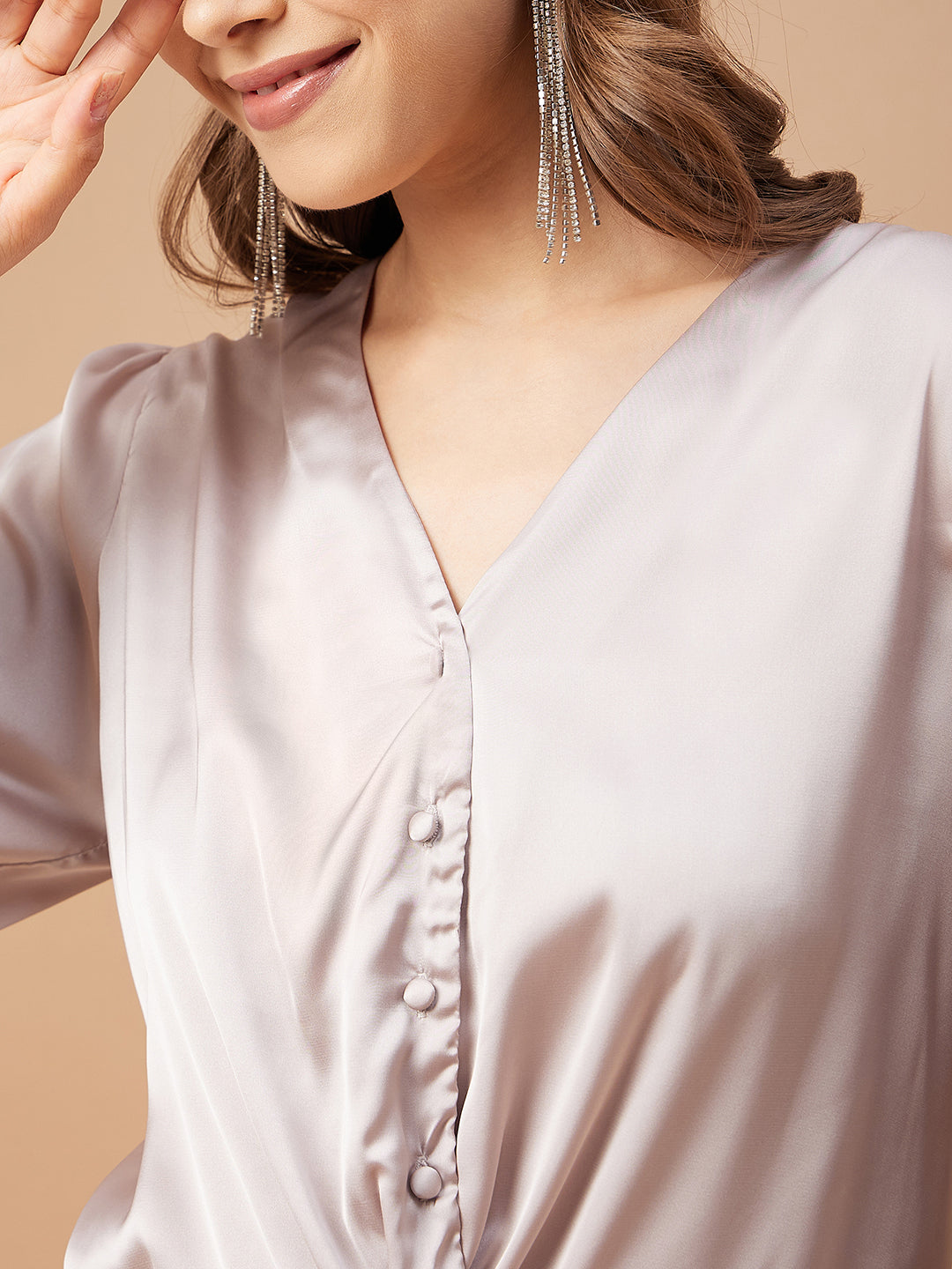Gipsy Women Beige Solid Satin Bishop Sleeve Crew Neck Blouse