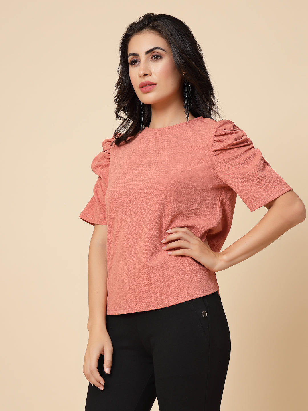 Gipsy Women Pink Clay Solid Polyster Puffed Half Sleeve Crew Neck Top