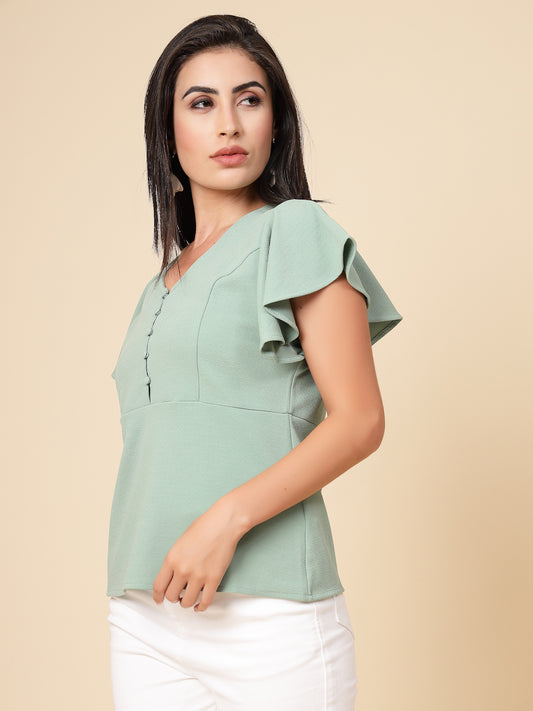 Gipsy Women Sage Solid Polyster Flare Half Sleeve V Neck Top