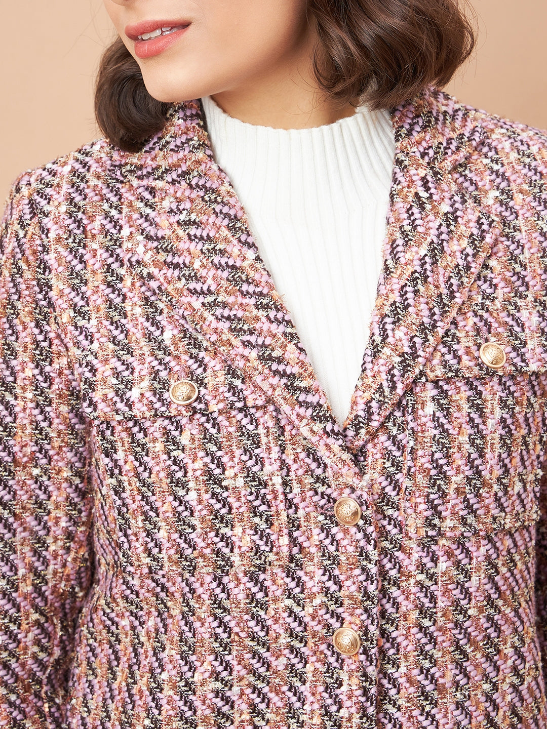 Gipsy Women Lapel Collar Straight Full Sleeve Wool Blend Fabric Fabric Pink Milange Coat