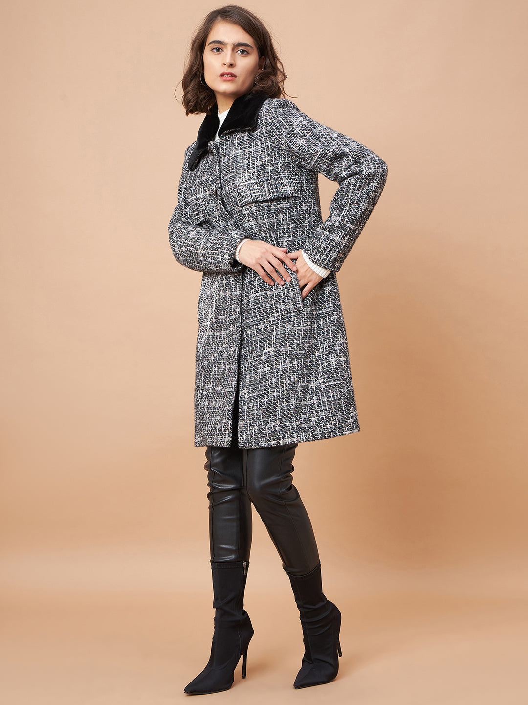 Gipsy Women Flat Collar Straight Full Sleeve Vibgyor Knit Milange Fabric Black Coat