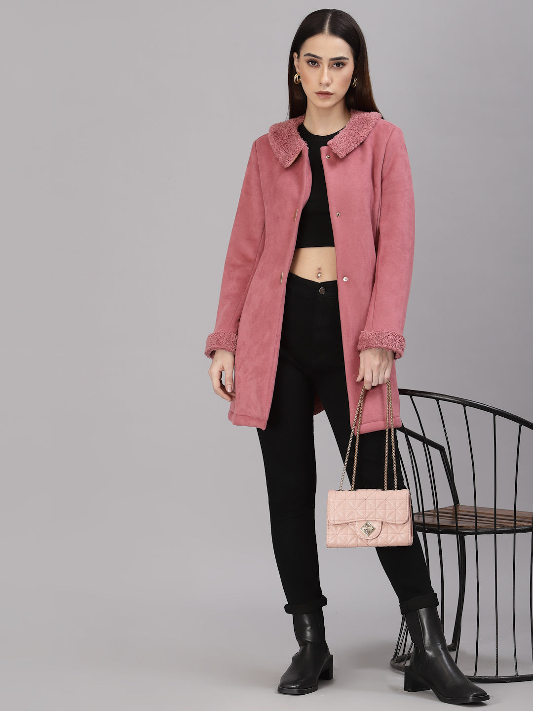 Gipsy Women Peter pan collar long Full Sleeves Polyester Fabric Dusky Pink Coat