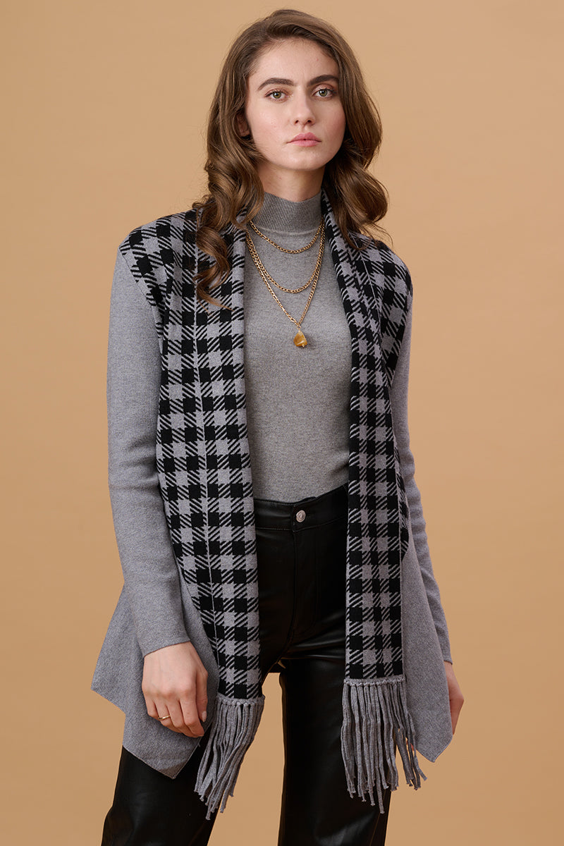 Gipsy Women Shwal Lapel Regular Full Sleeves Acrylic Fabric Grey Checks Cape