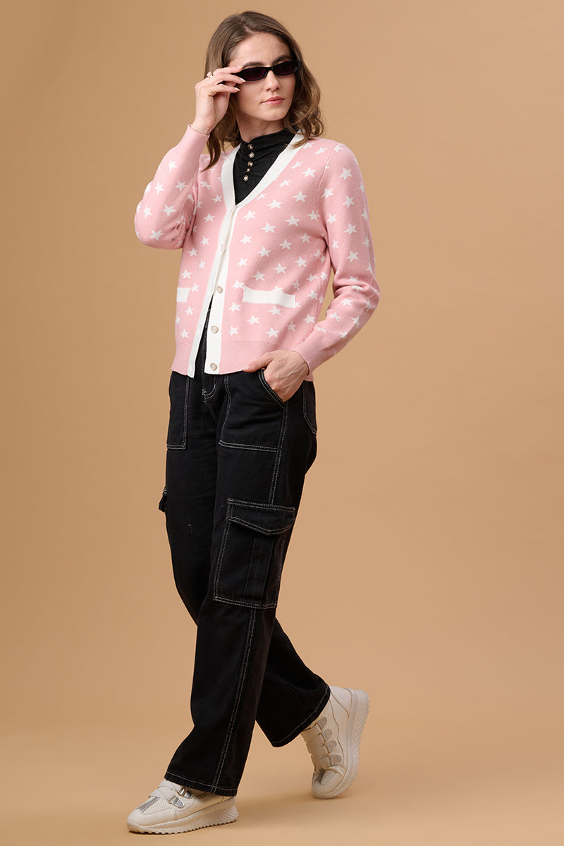 Gipsy Women V-Neck Regular Full Sleeves Acrylic Fabric Pink Cardigan