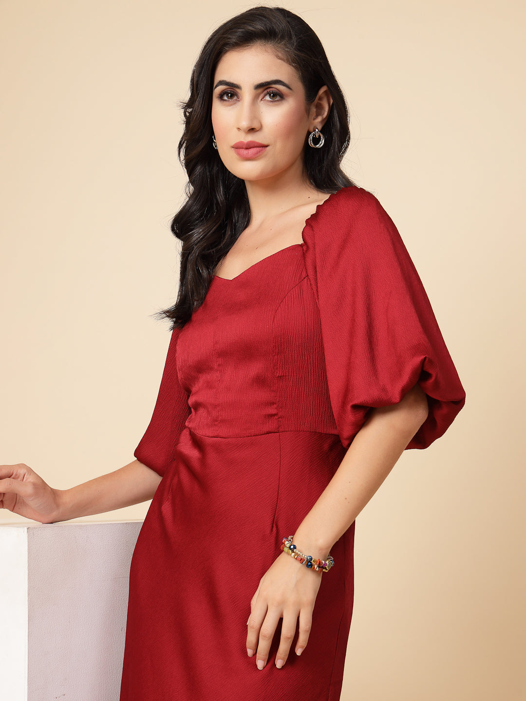 Gipsy Women Maroon Solid Satin Puffed Half Sleeve Sweatheart Maxi Dress