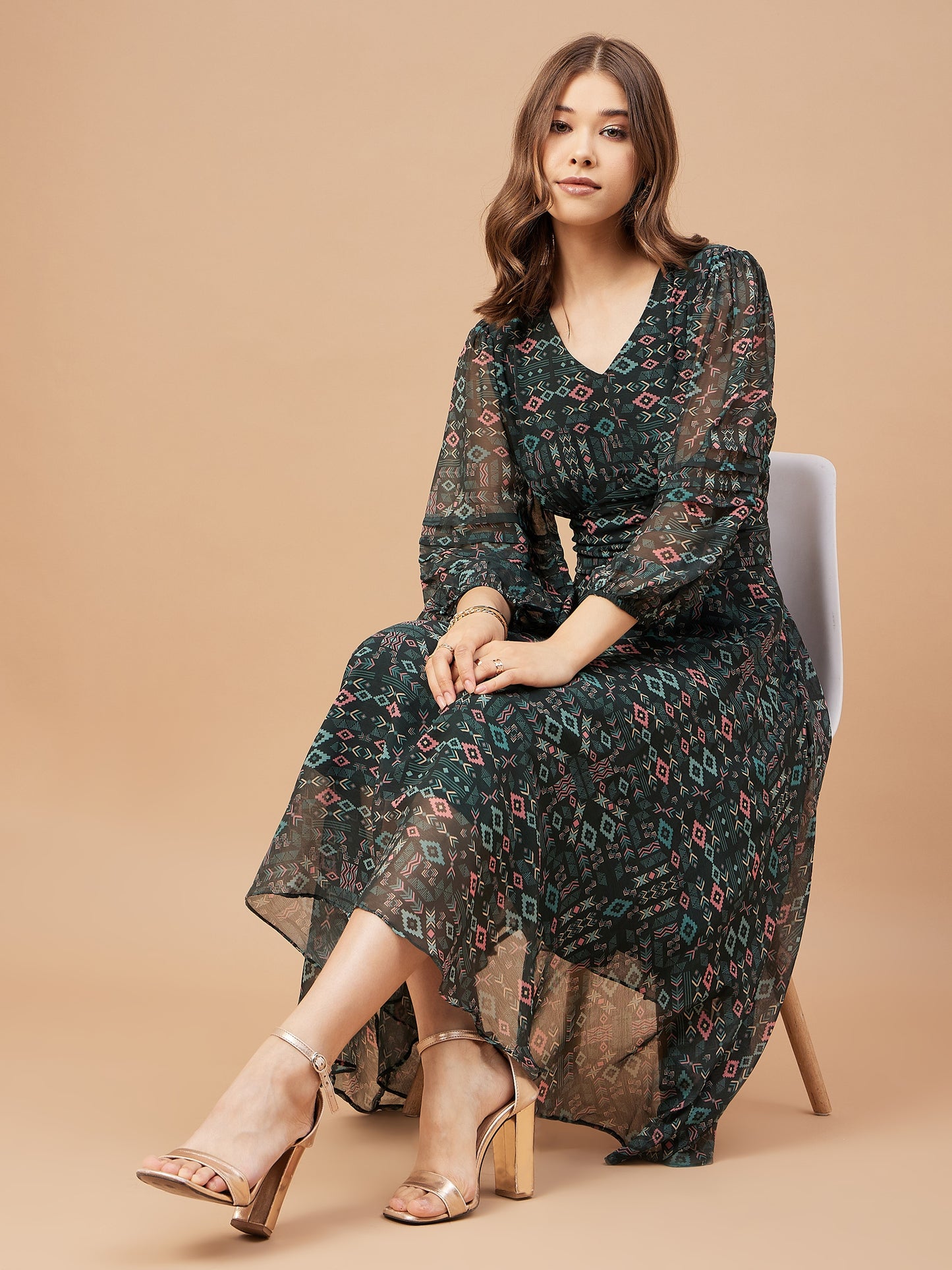 Gipsy Women Bottle Green Print Chiffon Bishop Sleeve V Neck Dress