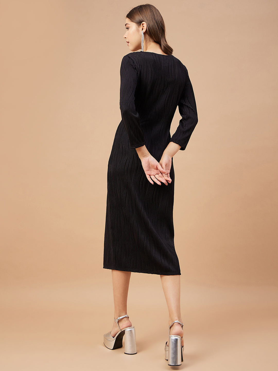 Gipsy Women Black Solid Polyester  Flutter Sleeve V Neck Dress