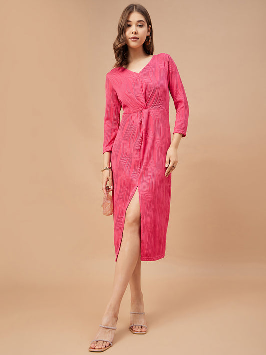 Gipsy Women Fushia Solid Polyester Flutter Sleeve V Neck Dress