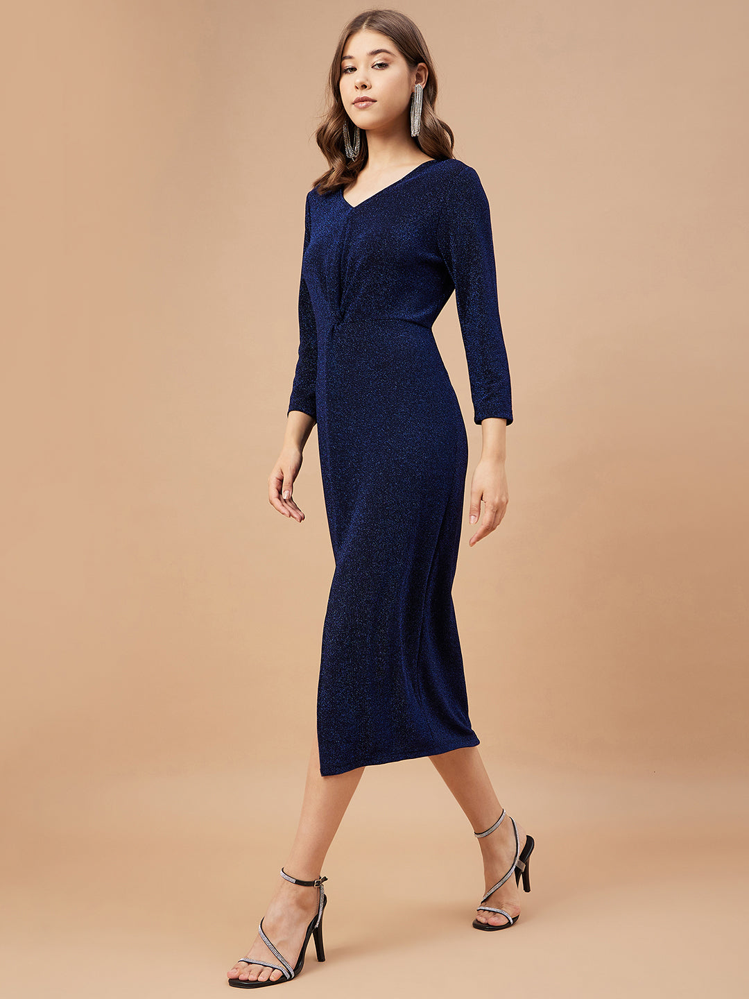Gipsy Women Dark Blue Solid Polyester  Bell Sleeve V Neck Dress