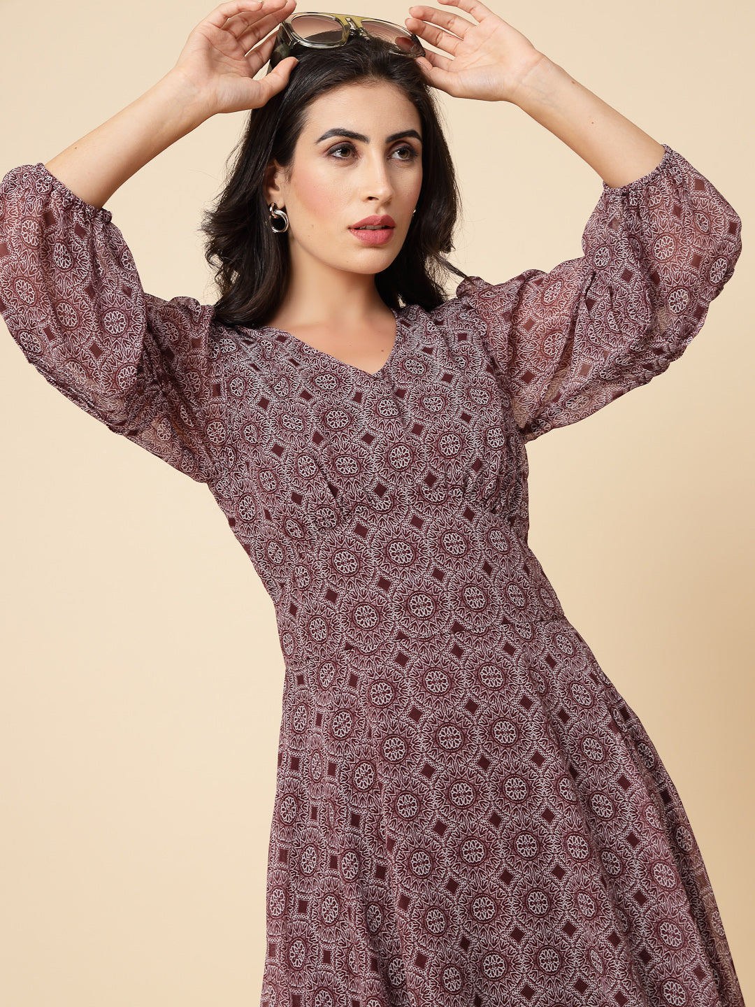 Gipsy Women Burgandy Printed Chiffon Puffed 3/4 Sleeve V Neck Maxi Dress