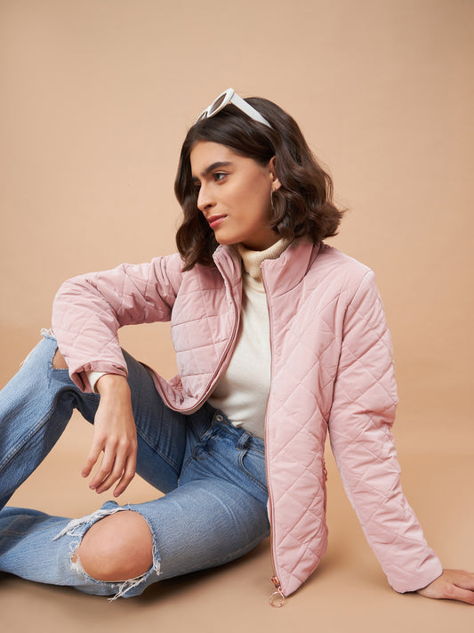 Gipsy Women Stand Collar Straight Full Sleeve Polyester Fabric Pink Jackets