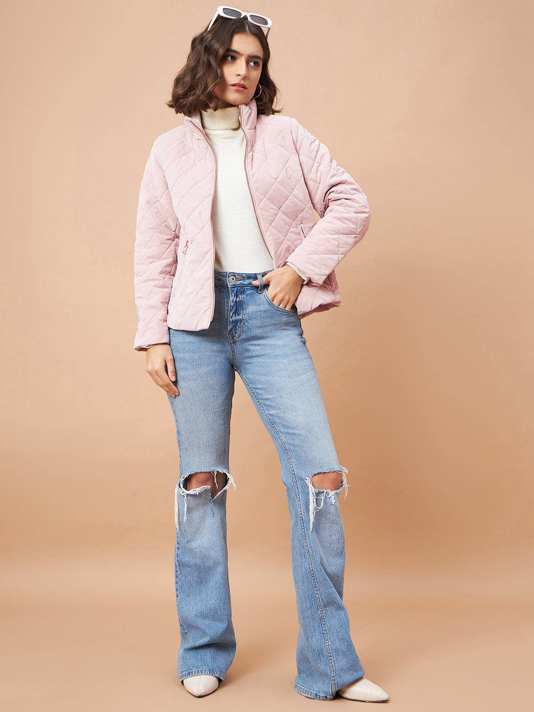 Gipsy Women Stand Collar Straight Full Sleeve Polyester Fabric Pink Jackets