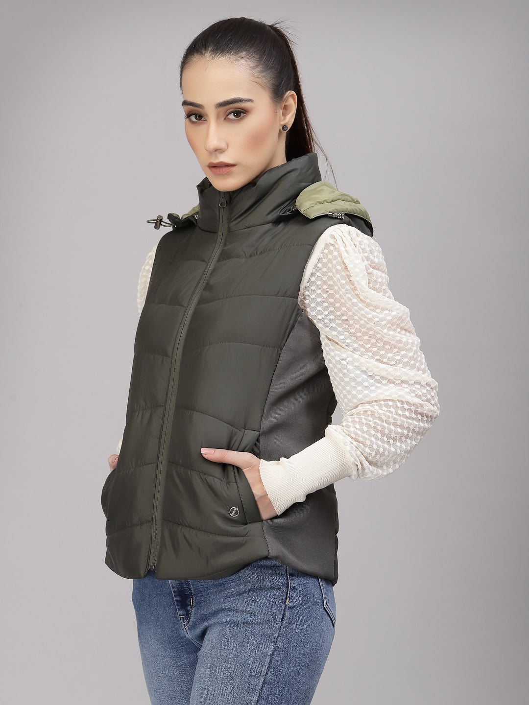 Gipsy Women Mock Collar Regular Sleeveless Polyester Fabric Olive Jackets
