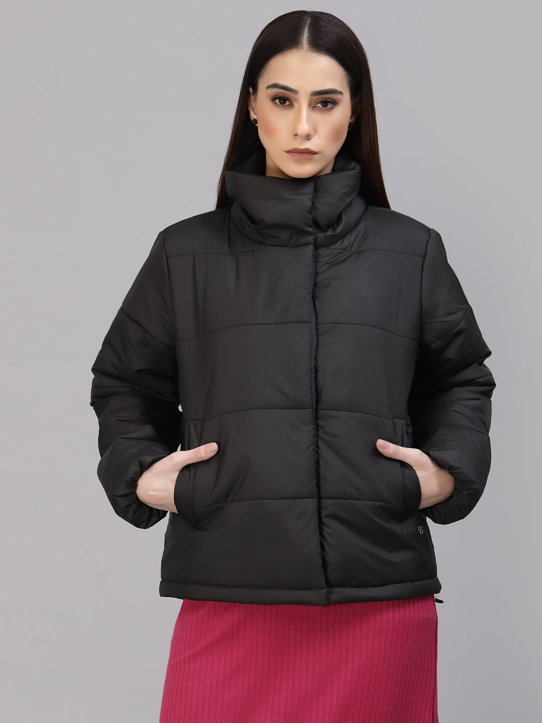 Gipsy Women Mock Collar Regular Full Sleeves Polyester Fabric Black Jackets