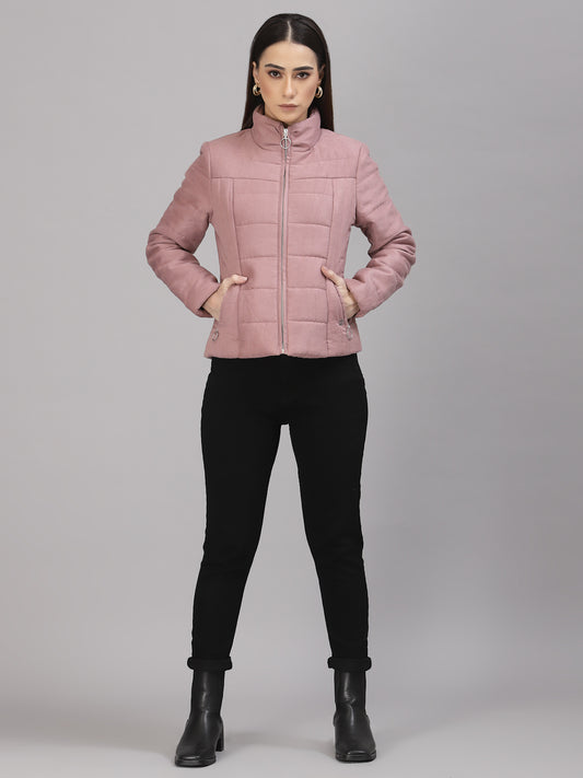 Gipsy Women Mock Collar Regular Full Sleeves Suede Fabric Rose Gold Jackets