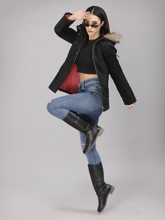 Gipsy Women Hooded Neck Regular Full Sleeves Cotton/Poly Fabric Black Jackets
