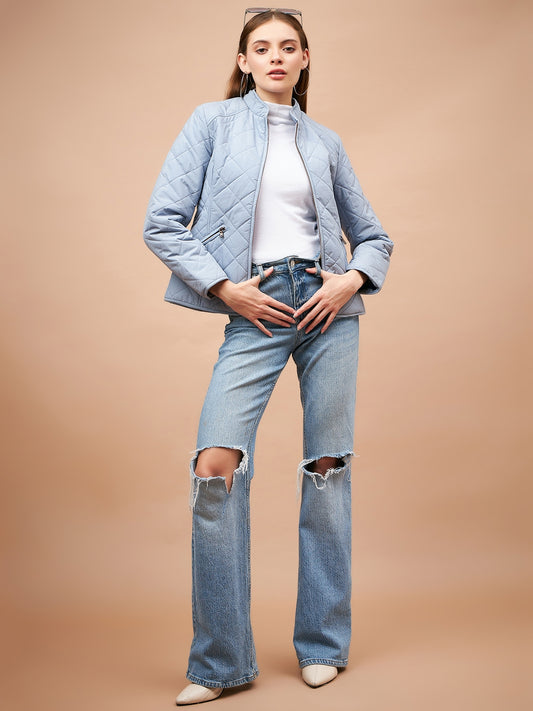 Gipsy Women Mandarin collar Regular Full Sleeves Polyester Fabric Blue Fog Jackets