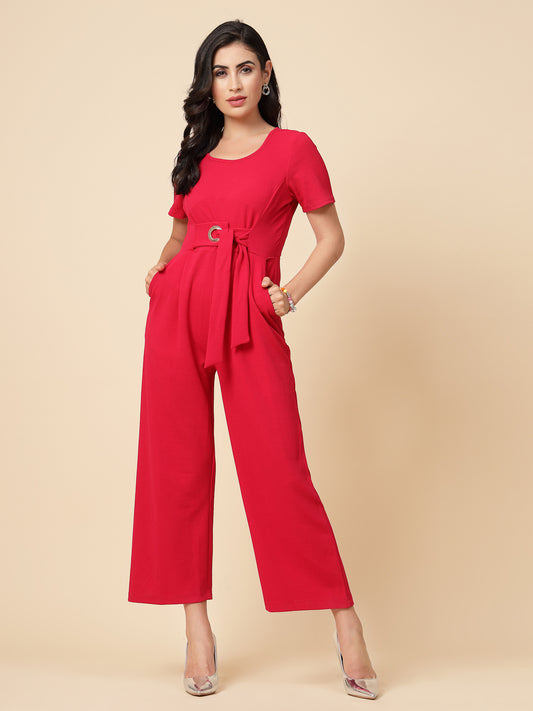 Gipsy Women Fushia Solid Polyster Half Sleeve Round Neck Waist Belt JumpSuit