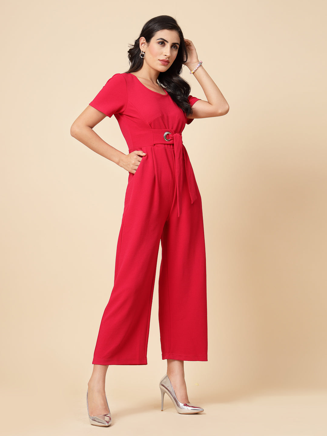 Gipsy Women Fushia Solid Polyster Half Sleeve Round Neck Waist Belt JumpSuit
