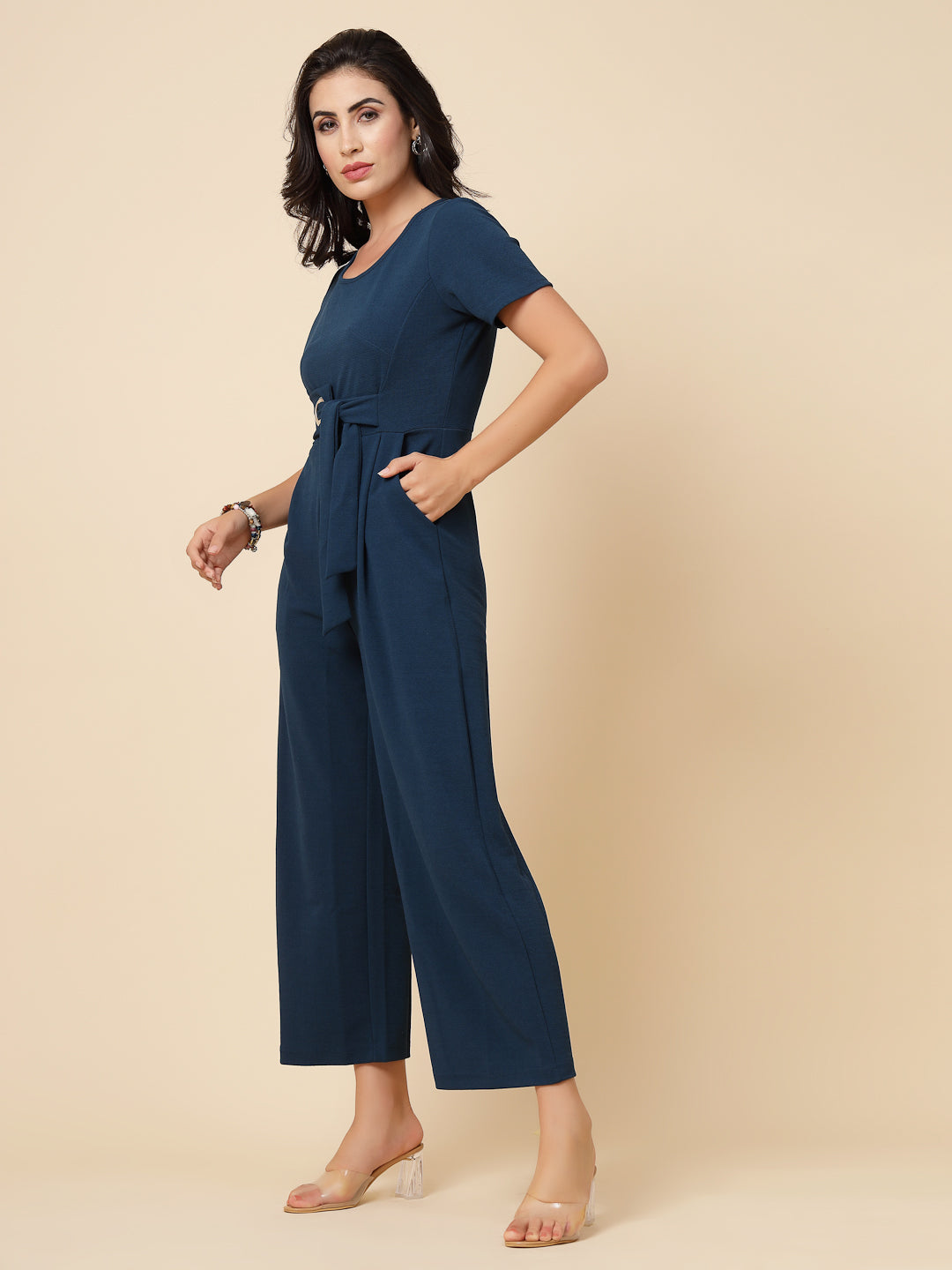 Gipsy Women Teal Solid Polyster Half Sleeve Round Neck Waist Belt JumpSuit