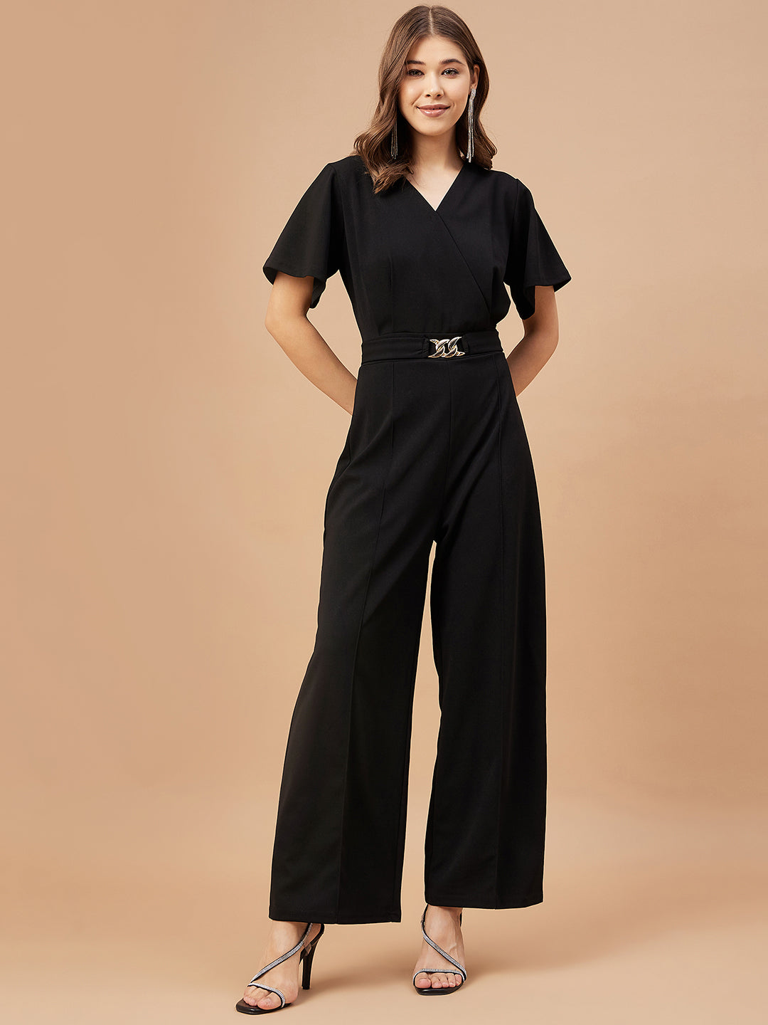 Gipsy Women Black Solid Polyester  Flutter Sleeve V Neck Jumpsuit