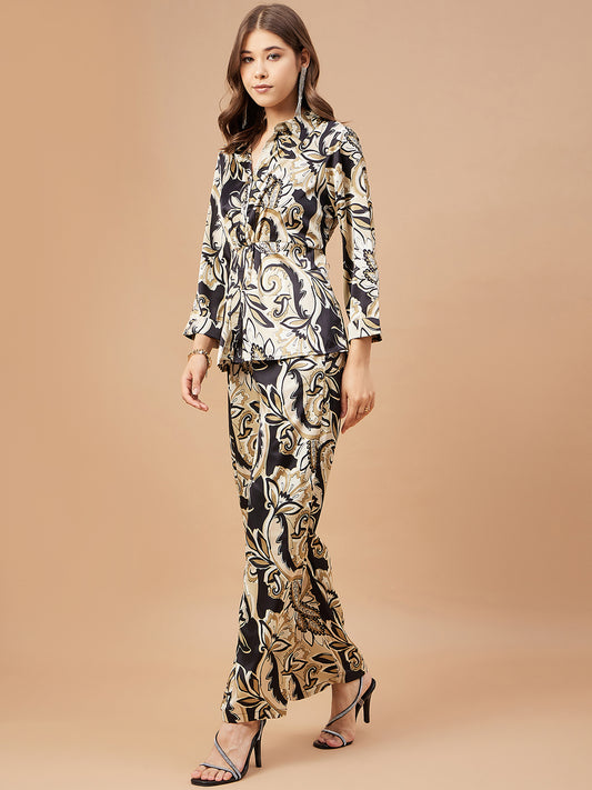 Gipsy Women Black Print Satin Regular Sleeve Collar Neck Co-Ord Sets