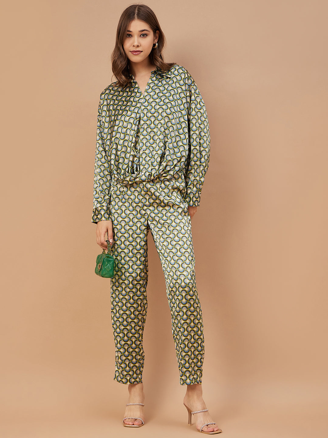 Gipsy Women Green Print Satin Bishop Sleeve Collar Neck Co-Ord Set