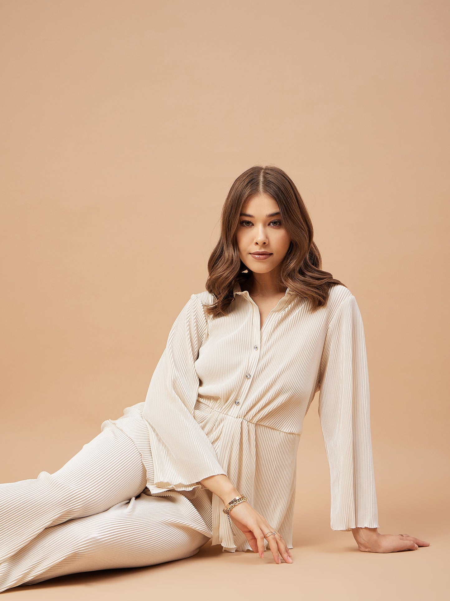 Gipsy Women Ivory Solid Satin Bishop Sleeve Collar Neck Co-Ord Set