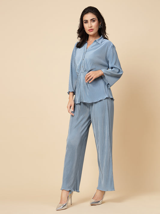 Gipsy Women Space Blue Solid Satin 3/4 Sleeve Collared Neck Co-Ord Sets