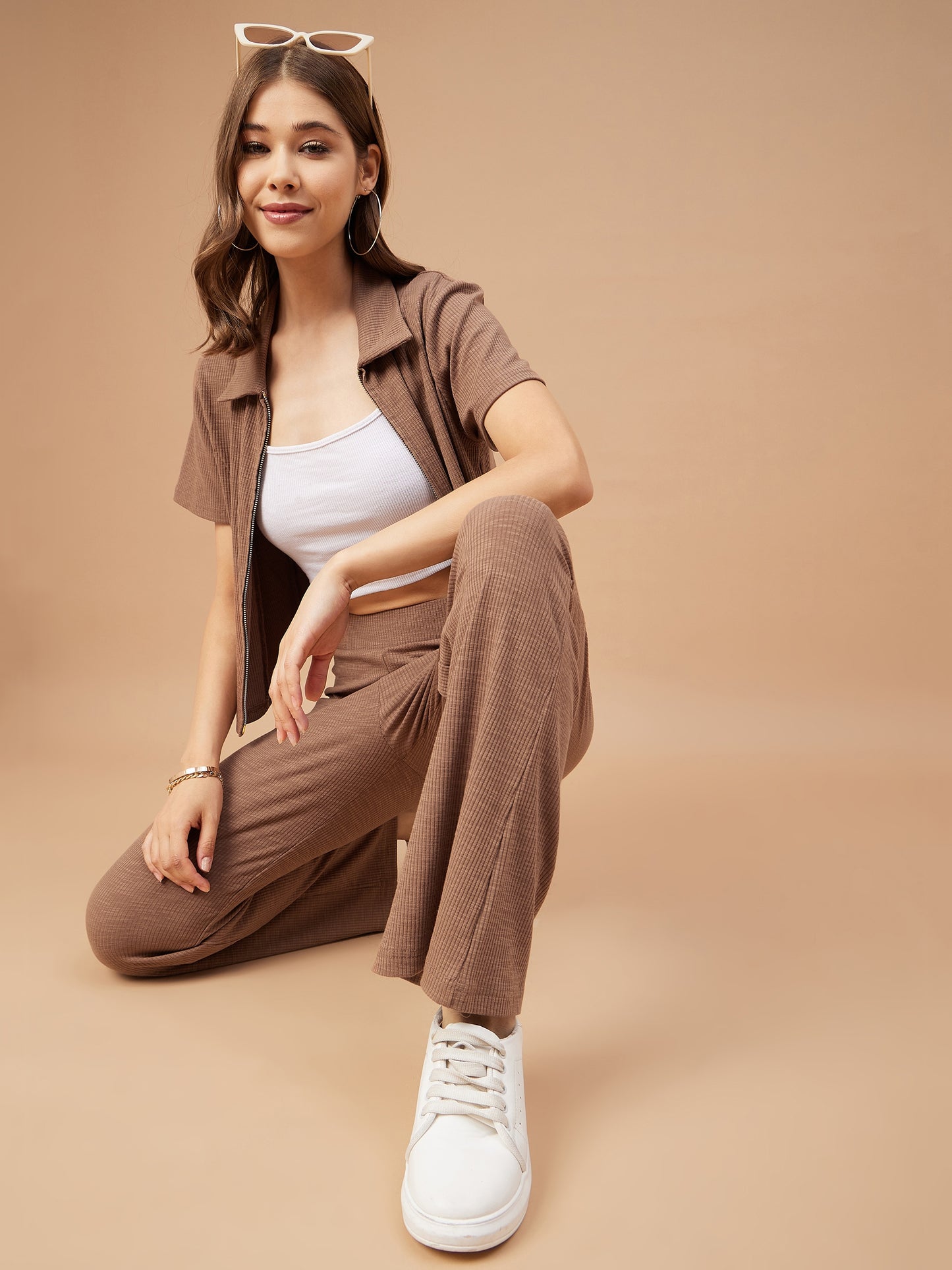 Gipsy Women Mocca Solid Poly Knit Regular Sleeve Collar Neck Co-Ord Sets
