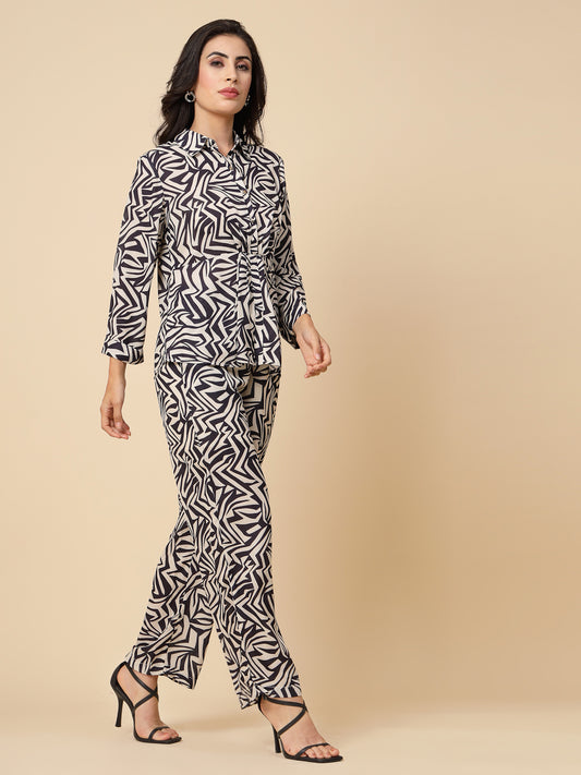 Gipsy Women Black Printed Georgette Bishop Full Sleeve Collared Neck Cord Set