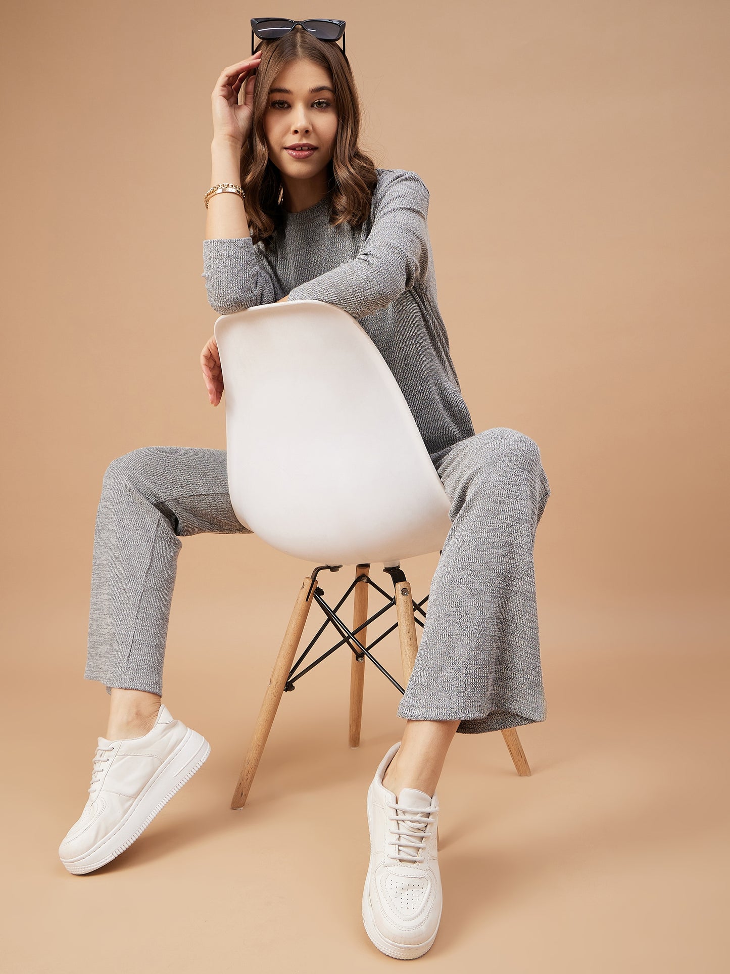 Gipsy Women Grey Solid Poly Knit Bishop Sleeve Round Neck Co-Ord Set
