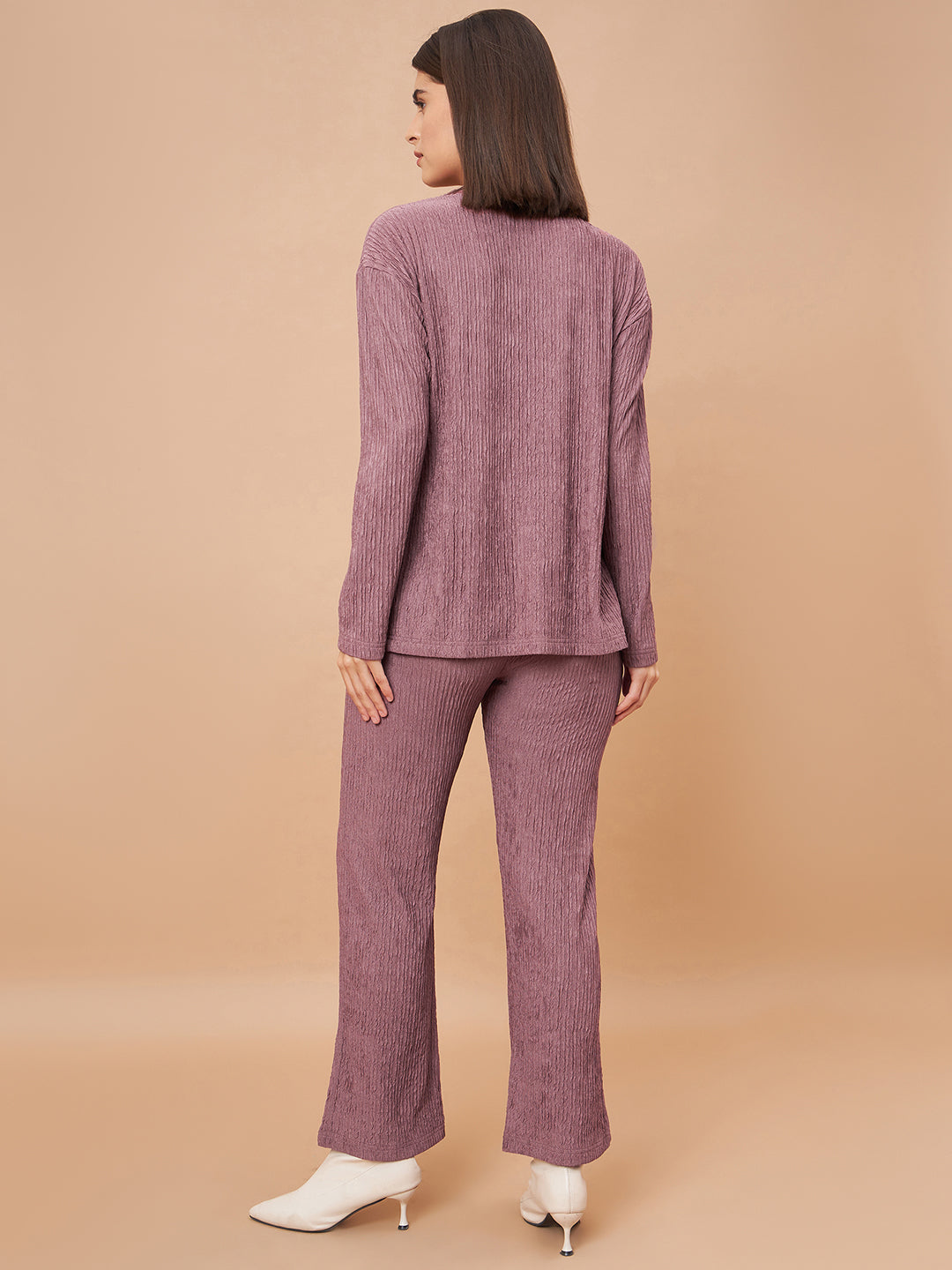 Gipsy Women Round Neck Straight Full Sleeve Polyester Fabric Aubergine Co-Ord Set