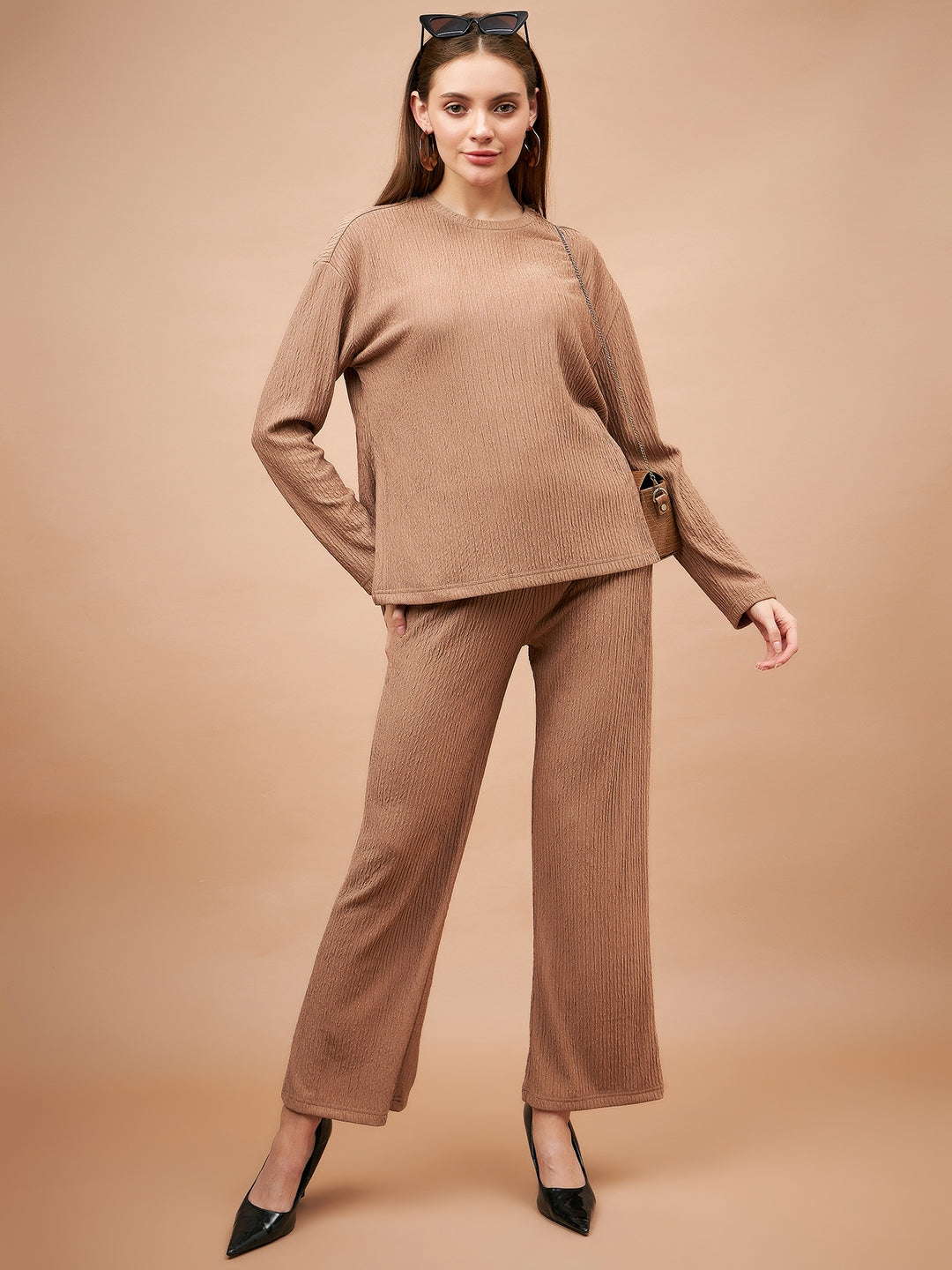 Gipsy Women Round Neck Straight Full Sleeve Polyester Fabric Beige Co-Ord Sets