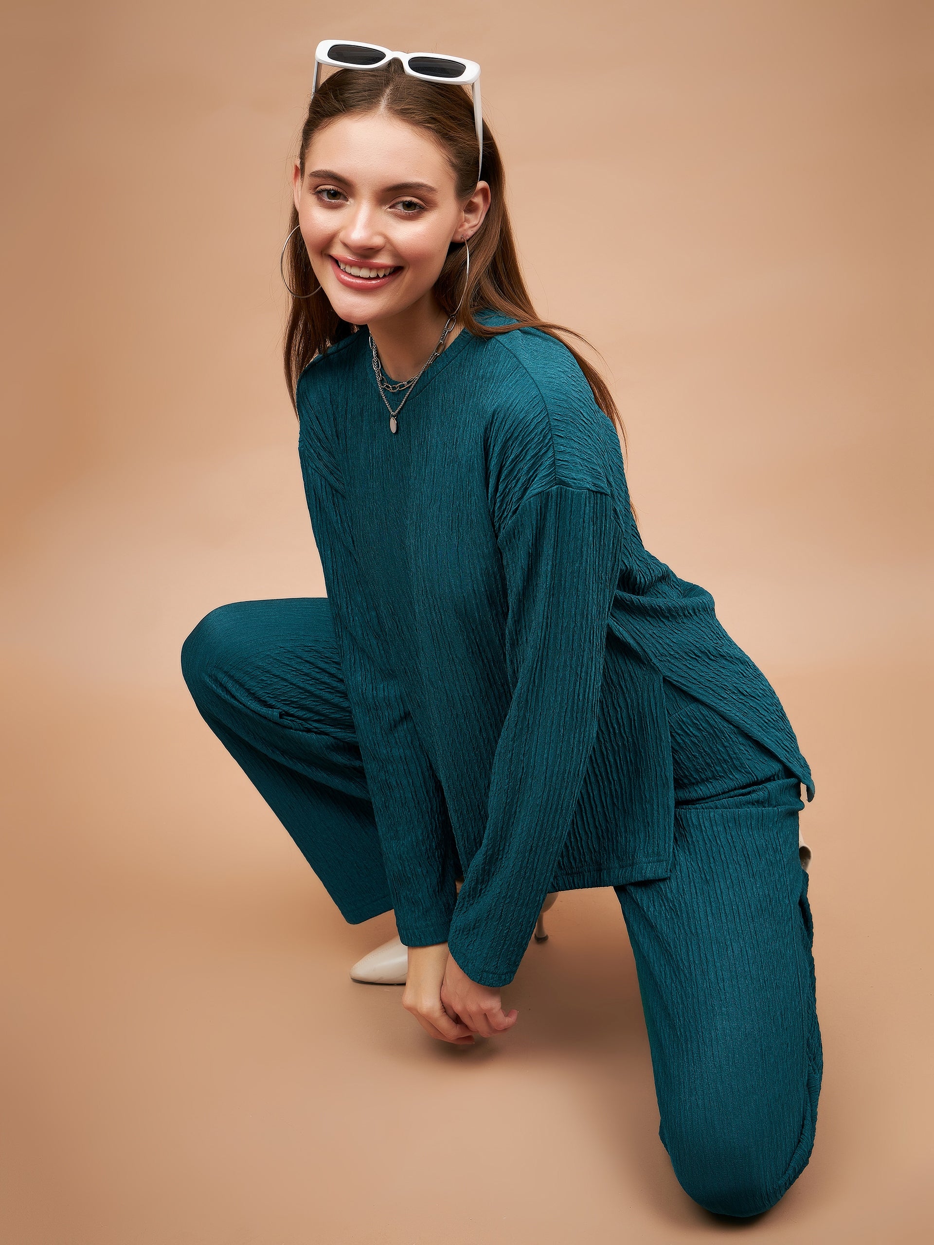 Gipsy Women Round Neck Straight Full Sleeve Polyester Fabric Bottle Green Co-Ord Set