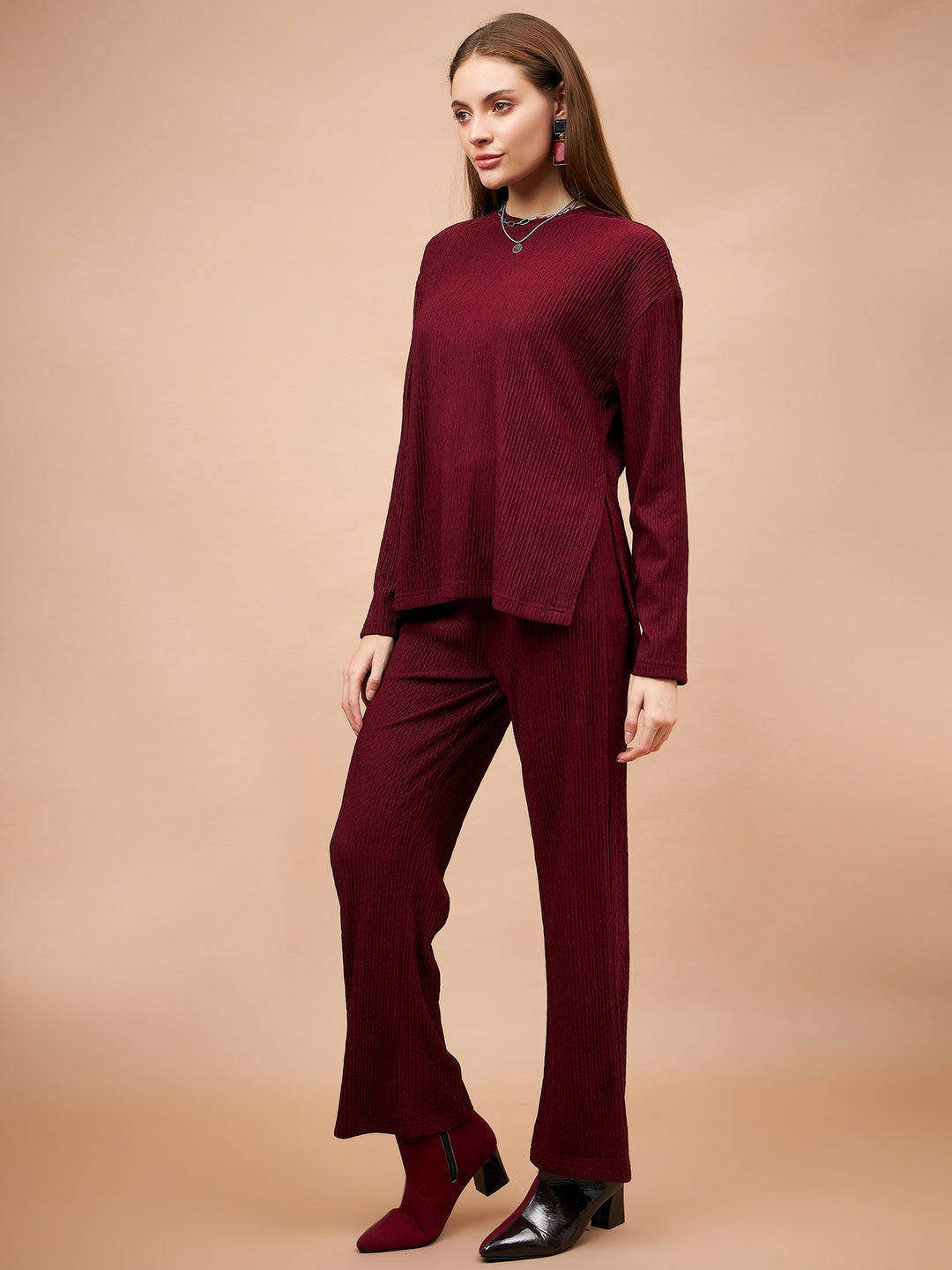 Gipsy Women Round Neck Straight Full Sleeve Polyester Fabric Maroon Co-Ord Set