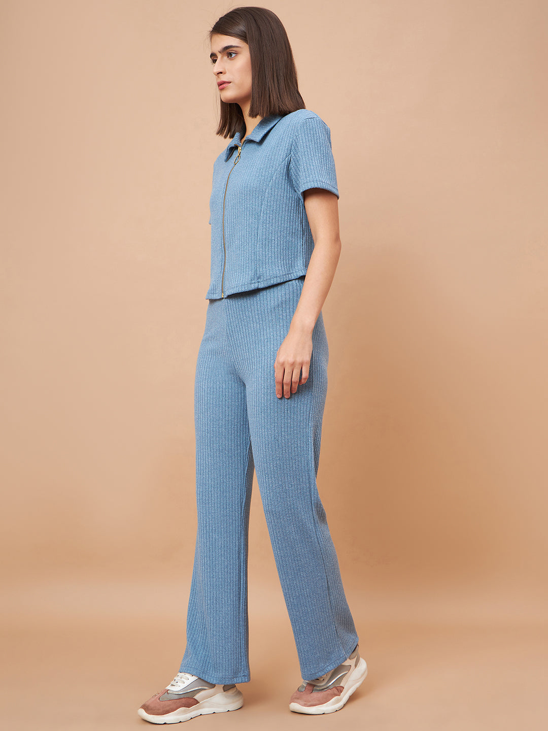 Gipsy Women Flat Collar Straight Half Sleeve Poly Knit Fabric Blue Co-Ord Set